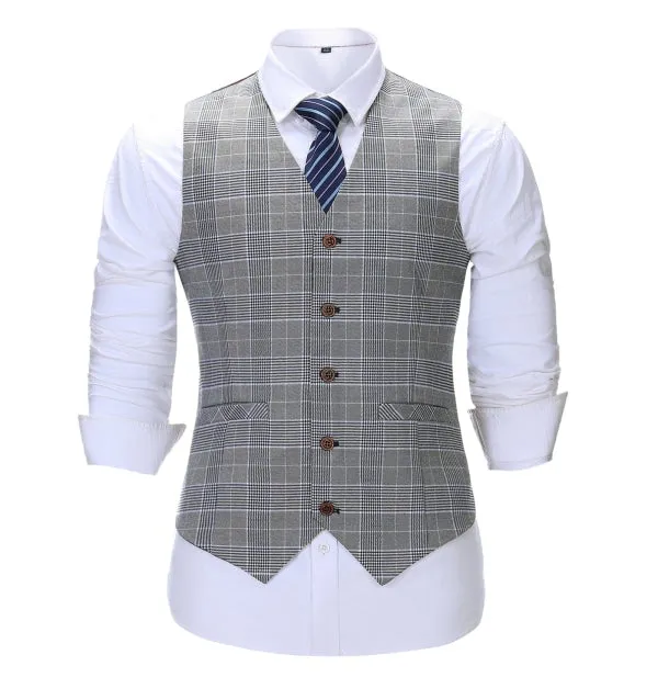 Mens Business 3 Pieces Suit Formal Grey Plaid Notch Lapel Suit (Blazer Vest Pants)