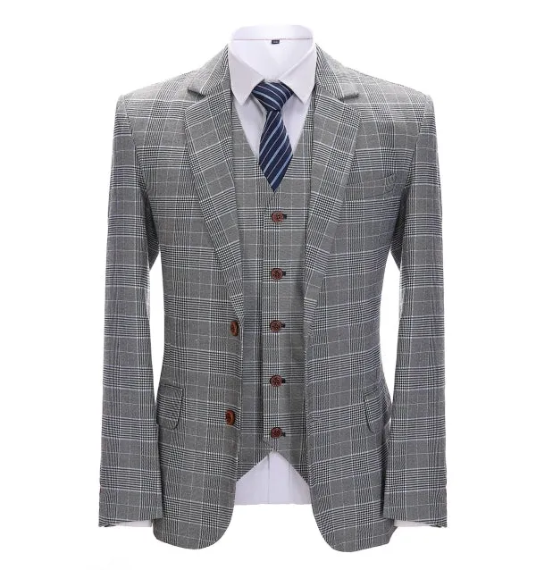 Mens Business 3 Pieces Suit Formal Grey Plaid Notch Lapel Suit (Blazer Vest Pants)