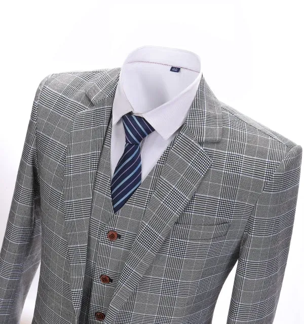 Mens Business 3 Pieces Suit Formal Grey Plaid Notch Lapel Suit (Blazer Vest Pants)