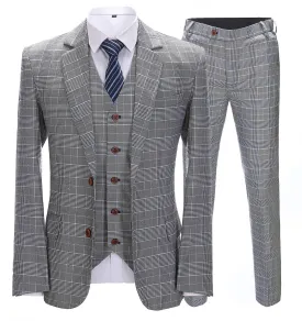 Mens Business 3 Pieces Suit Formal Grey Plaid Notch Lapel Suit (Blazer Vest Pants)