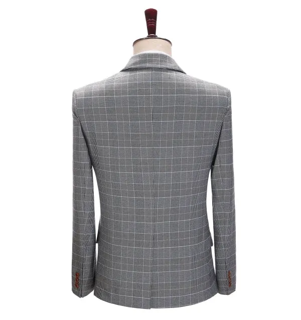 Mens Business 3 Pieces Suit Formal Grey Plaid Notch Lapel Suit (Blazer Vest Pants)