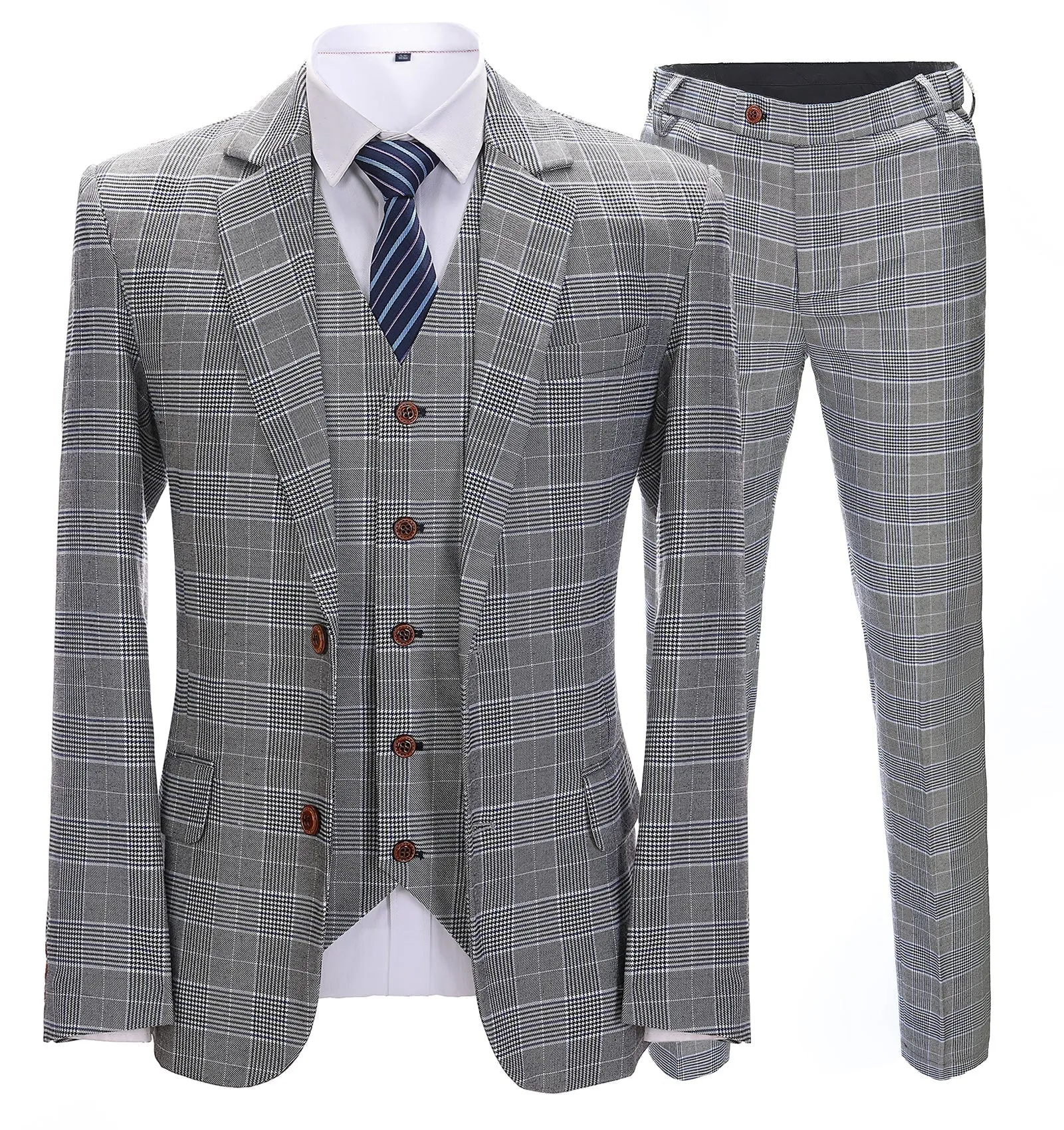 Mens Business 3 Pieces Suit Formal Grey Plaid Notch Lapel Suit (Blazer Vest Pants)
