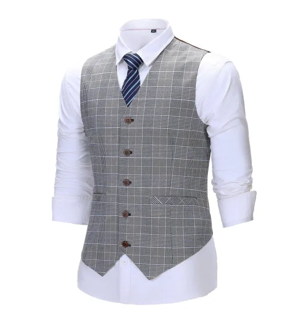 Mens Business 3 Pieces Suit Formal Grey Plaid Notch Lapel Suit (Blazer Vest Pants)