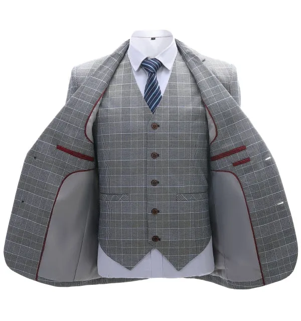 Mens Business 3 Pieces Suit Formal Grey Plaid Notch Lapel Suit (Blazer Vest Pants)