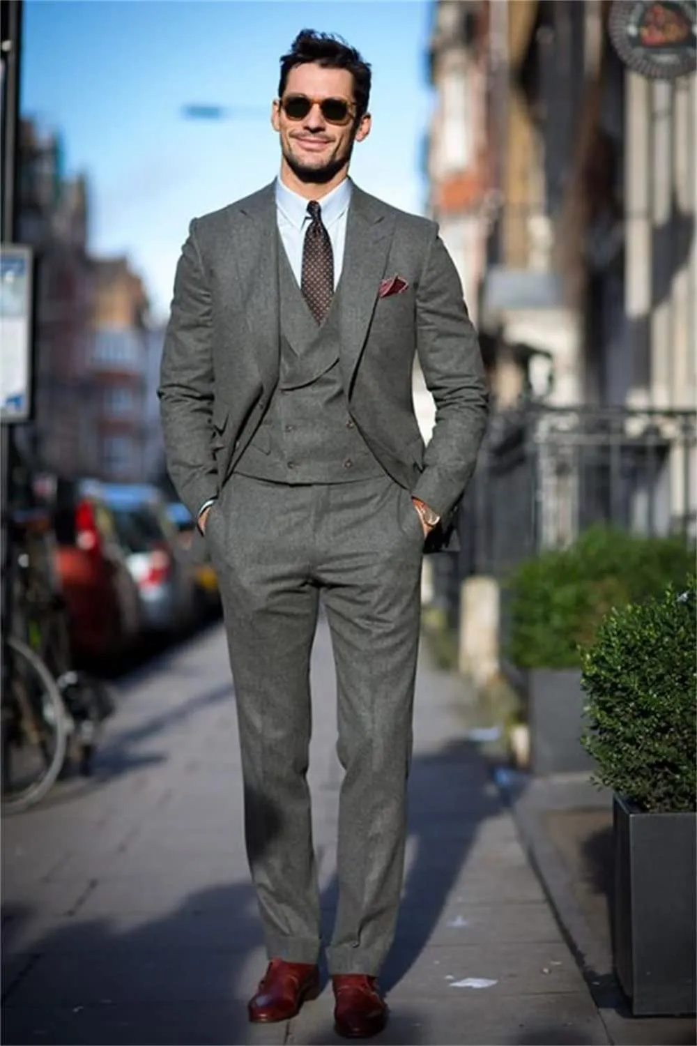 Men's Casual 3 Pieces Mens Suit Classic Tweed Herringbone Peak Lapel Tuxedos (Blazer vest Pants)