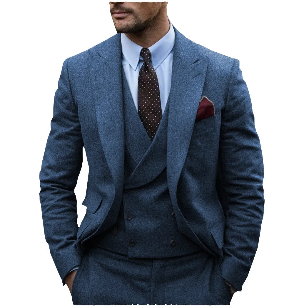 Men's Casual 3 Pieces Mens Suit Classic Tweed Herringbone Peak Lapel Tuxedos (Blazer vest Pants)