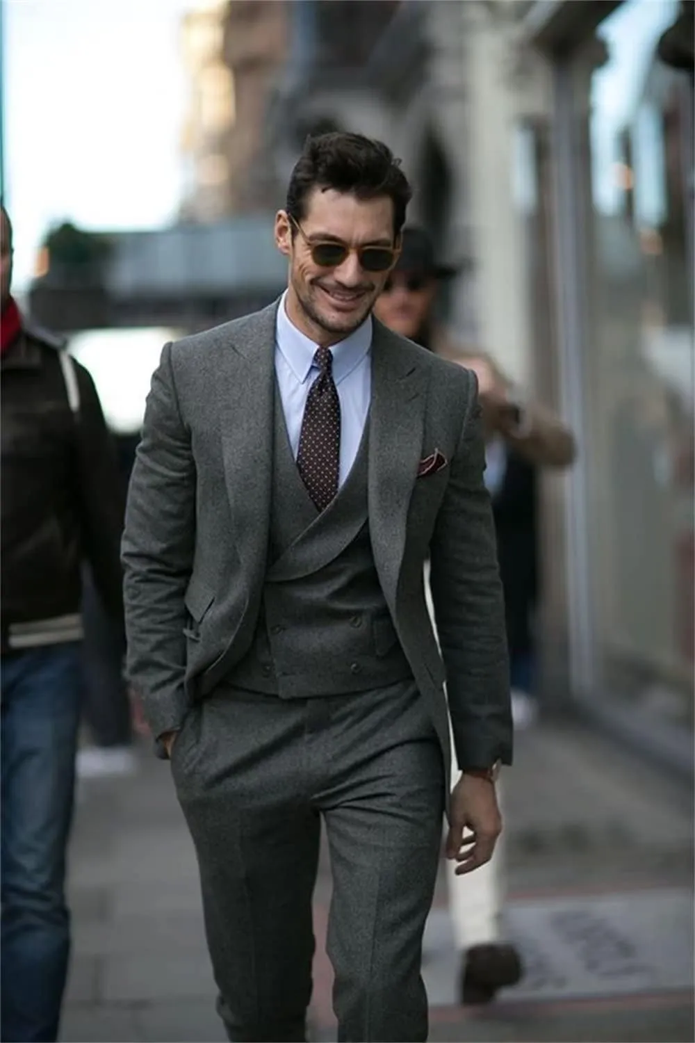Men's Casual 3 Pieces Mens Suit Classic Tweed Herringbone Peak Lapel Tuxedos (Blazer vest Pants)
