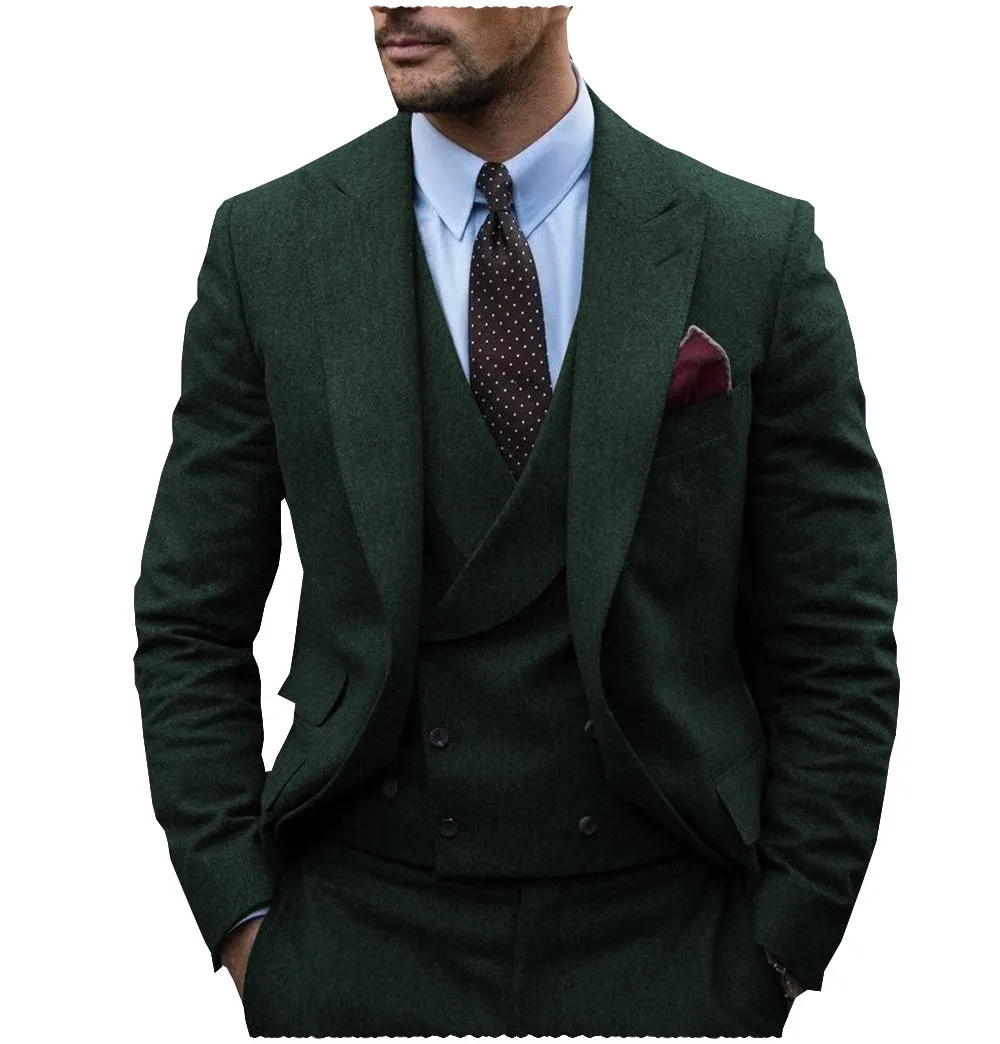 Men's Casual 3 Pieces Mens Suit Classic Tweed Herringbone Peak Lapel Tuxedos (Blazer vest Pants)