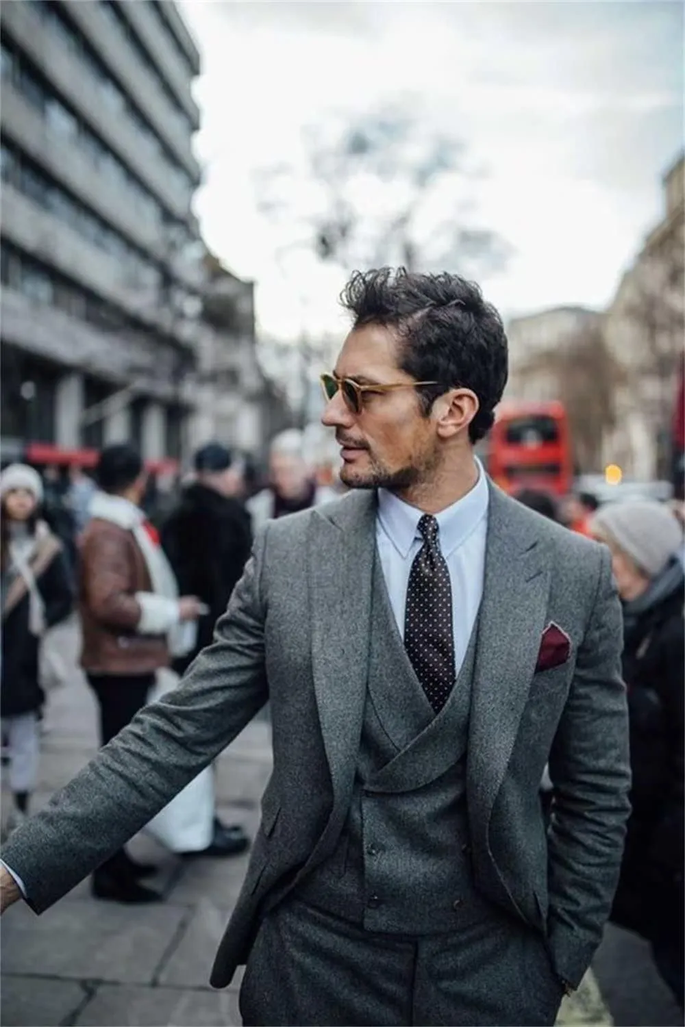 Men's Casual 3 Pieces Mens Suit Classic Tweed Herringbone Peak Lapel Tuxedos (Blazer vest Pants)