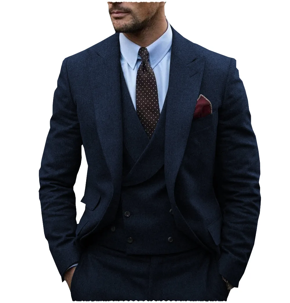Men's Casual 3 Pieces Mens Suit Classic Tweed Herringbone Peak Lapel Tuxedos (Blazer vest Pants)