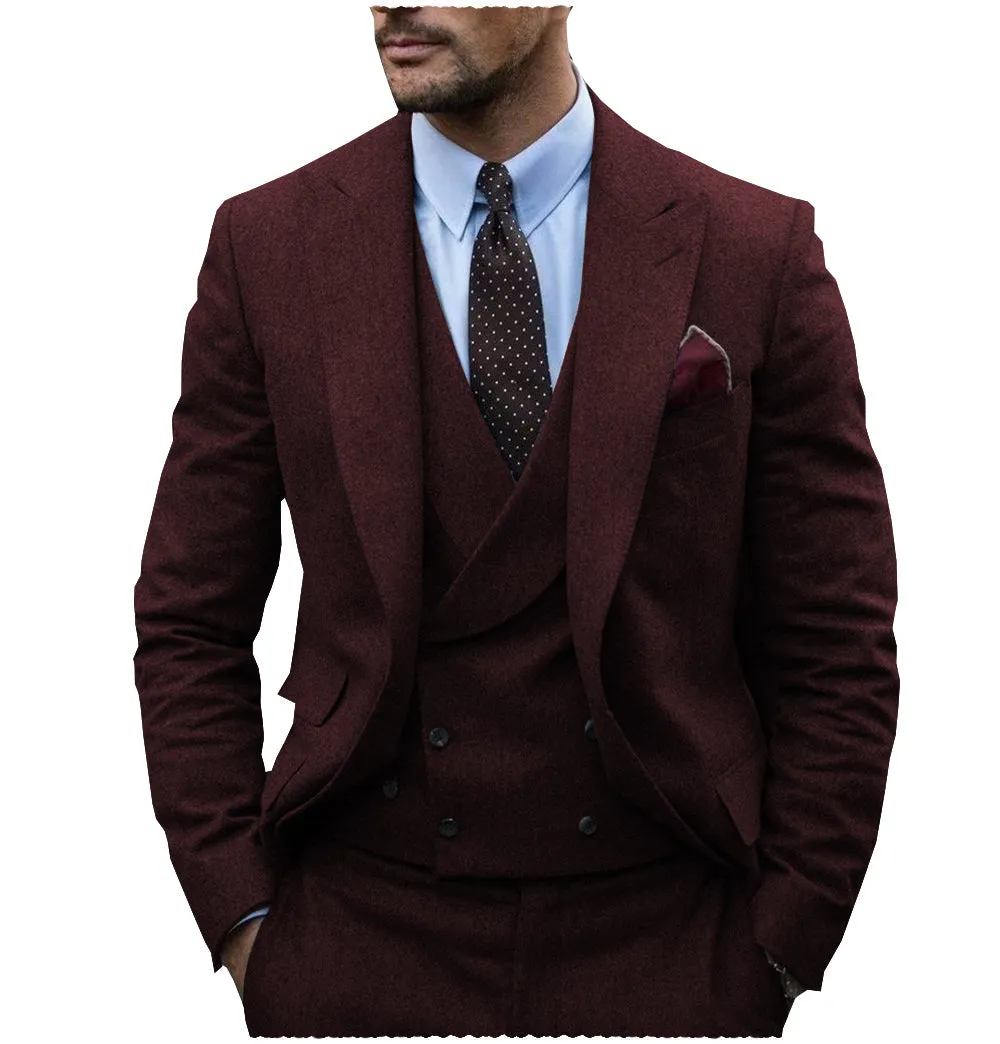 Men's Casual 3 Pieces Mens Suit Classic Tweed Herringbone Peak Lapel Tuxedos (Blazer vest Pants)