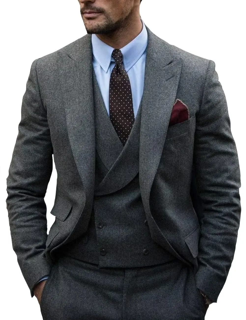 Men's Casual 3 Pieces Mens Suit Classic Tweed Herringbone Peak Lapel Tuxedos (Blazer vest Pants)