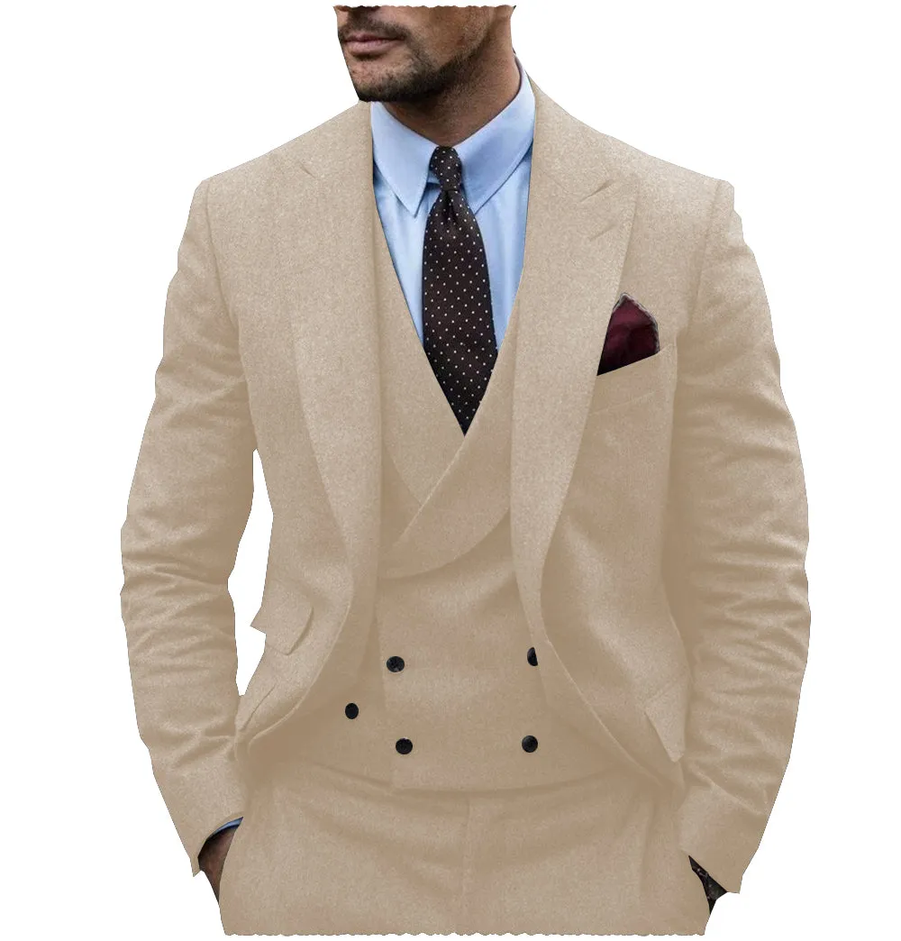 Men's Casual 3 Pieces Mens Suit Classic Tweed Herringbone Peak Lapel Tuxedos (Blazer vest Pants)