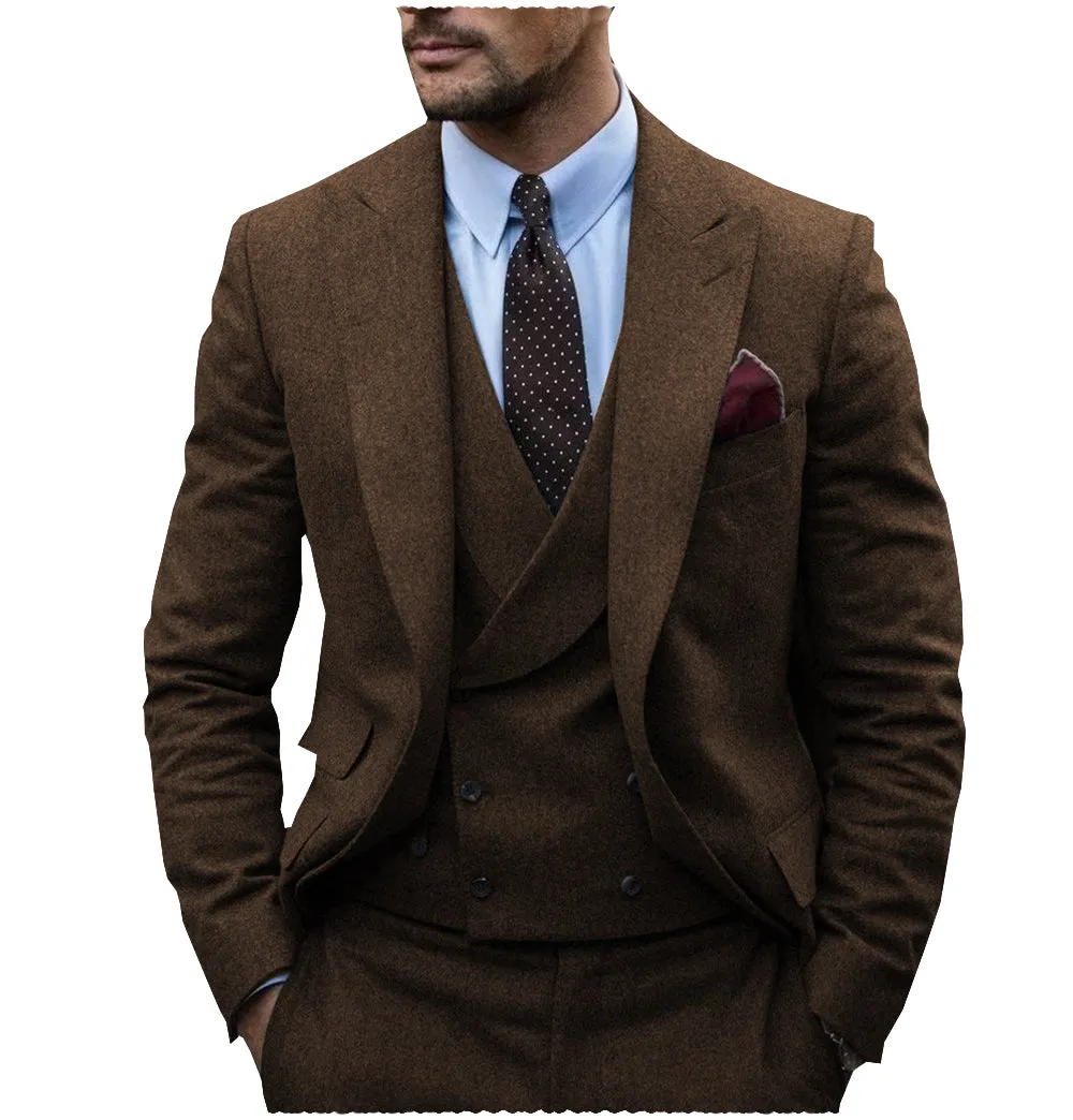 Men's Casual 3 Pieces Mens Suit Classic Tweed Herringbone Peak Lapel Tuxedos (Blazer vest Pants)