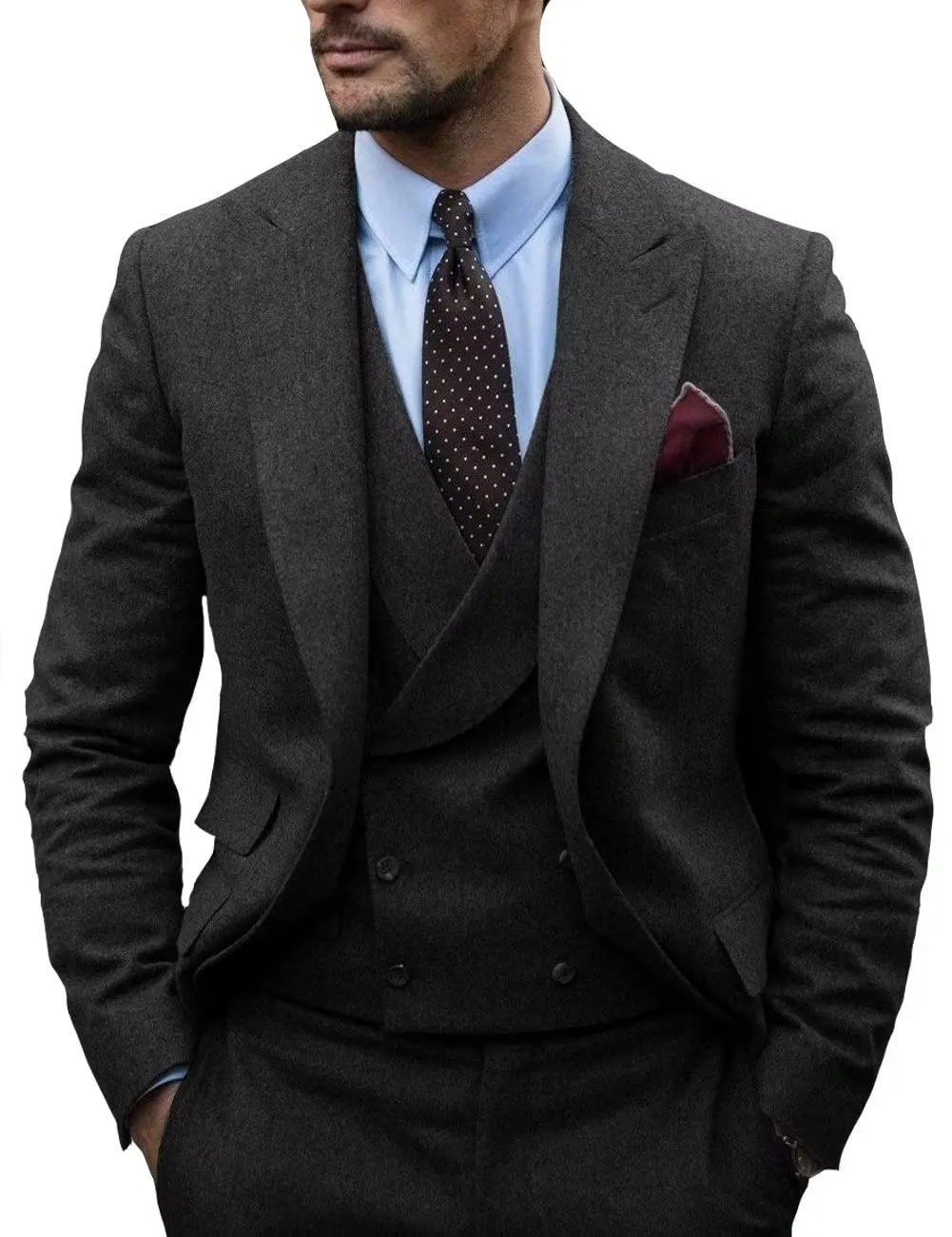Men's Casual 3 Pieces Mens Suit Classic Tweed Herringbone Peak Lapel Tuxedos (Blazer vest Pants)