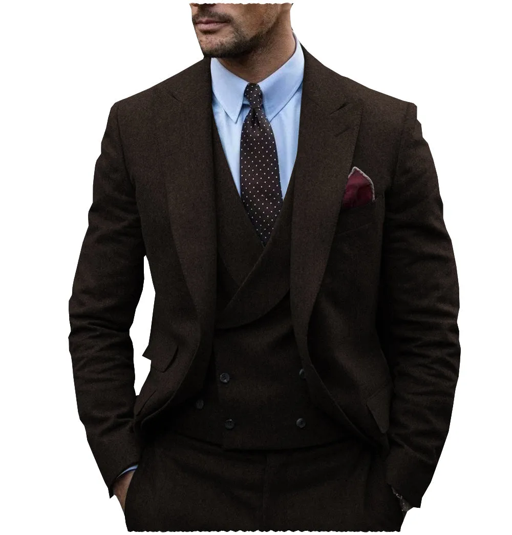 Men's Casual 3 Pieces Mens Suit Classic Tweed Herringbone Peak Lapel Tuxedos (Blazer vest Pants)