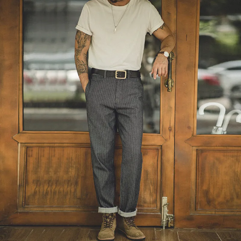 Men's High Waist Dress Pants American 90s Retro HBT Gray Jeans Straight Sim Striped Trousers