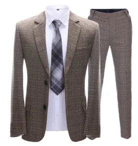 Mens Suit Business 2 Pieces Formal Brown Plaid Notch Lapel Tuxedos (Blazer Pants)