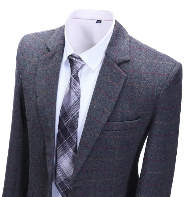 Mens Suit Business 2 Pieces Formal Dark Grey Blue Plaid Notch Lapel Tuxedos (Blazer Pants)