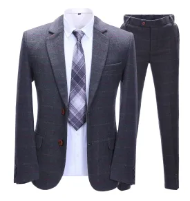 Mens Suit Business 2 Pieces Formal Dark Grey Blue Plaid Notch Lapel Tuxedos (Blazer Pants)