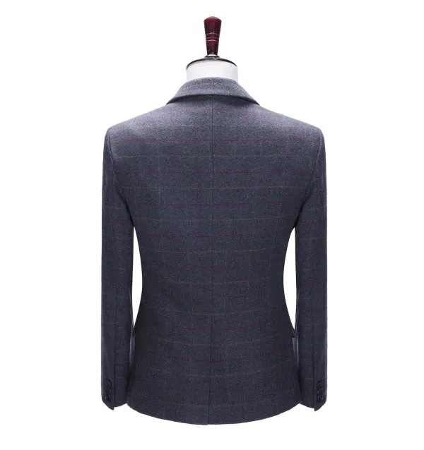 Mens Suit Business 2 Pieces Formal Dark Grey Blue Plaid Notch Lapel Tuxedos (Blazer Pants)