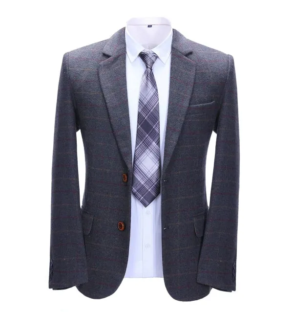 Mens Suit Business 2 Pieces Formal Dark Grey Blue Plaid Notch Lapel Tuxedos (Blazer Pants)