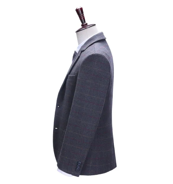 Mens Suit Business 2 Pieces Formal Dark Grey Blue Plaid Notch Lapel Tuxedos (Blazer Pants)