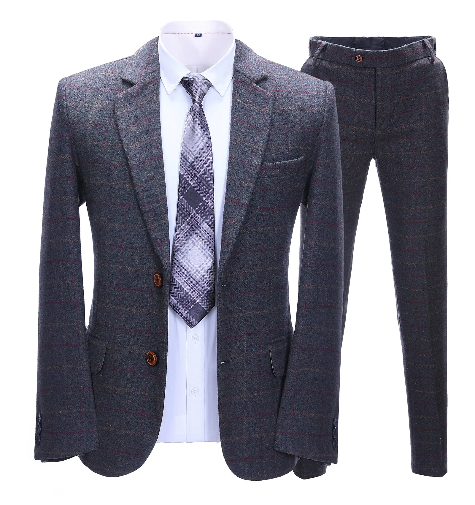 Mens Suit Business 2 Pieces Formal Dark Grey Blue Plaid Notch Lapel Tuxedos (Blazer Pants)