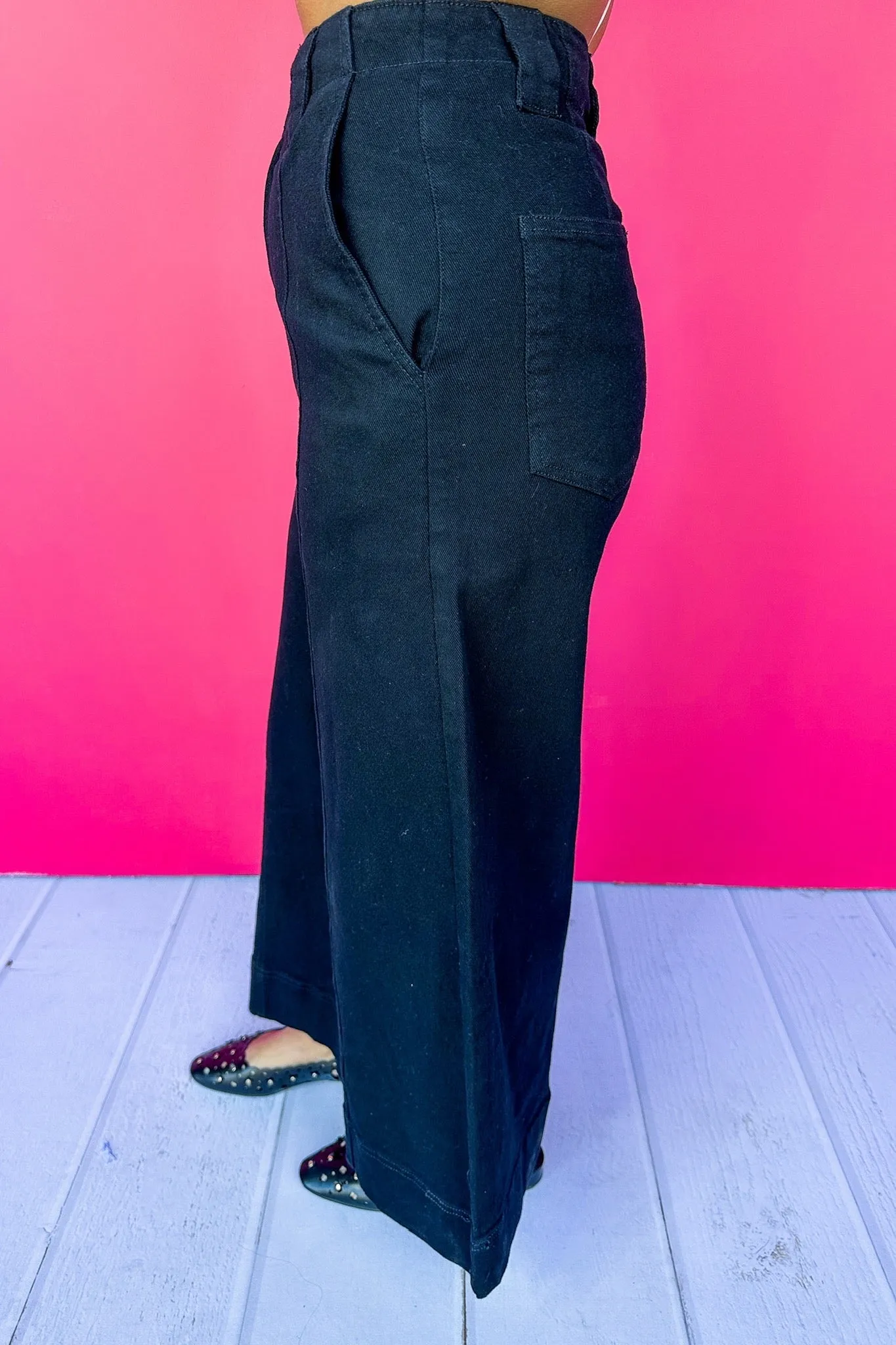Mid Seam Cropped Wide Leg Pocketed Denim Jeans in Black