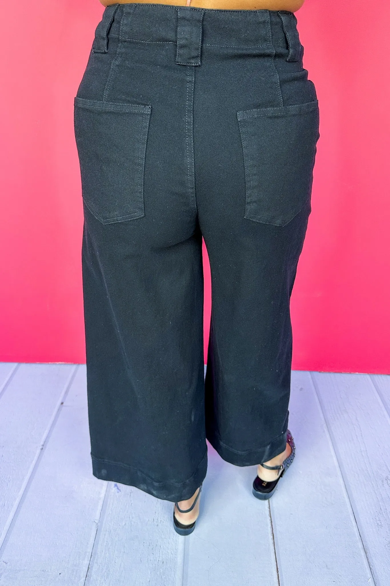 Mid Seam Cropped Wide Leg Pocketed Denim Jeans in Black