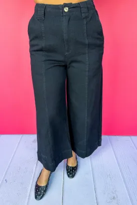 Mid Seam Cropped Wide Leg Pocketed Denim Jeans in Black