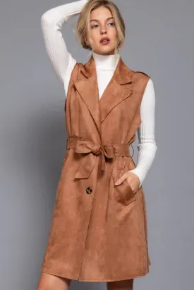 Notched Collar Belted Faux Suede Vest KHA-camel