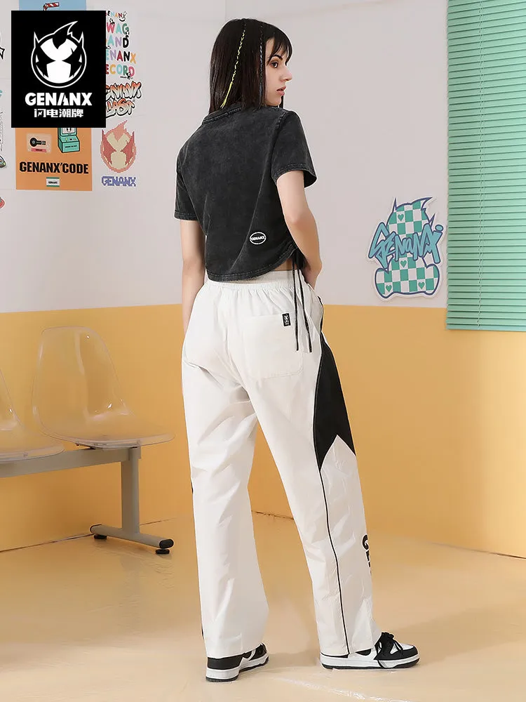 Preppy black and white letter-printed stretch waist slacks