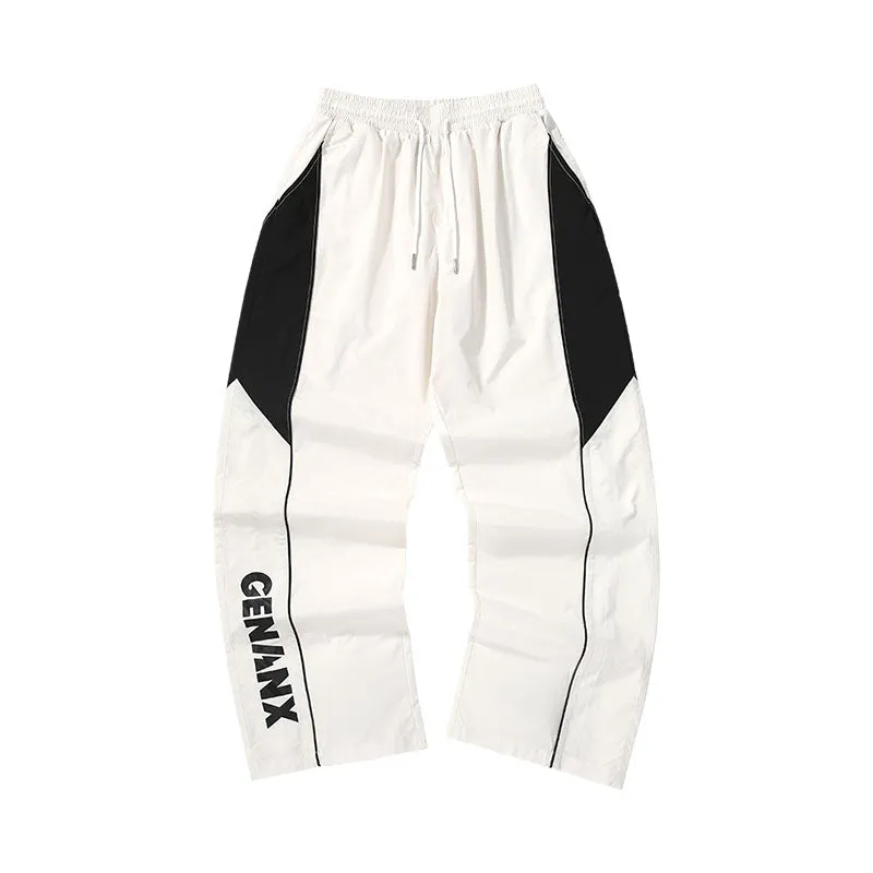 Preppy black and white letter-printed stretch waist slacks