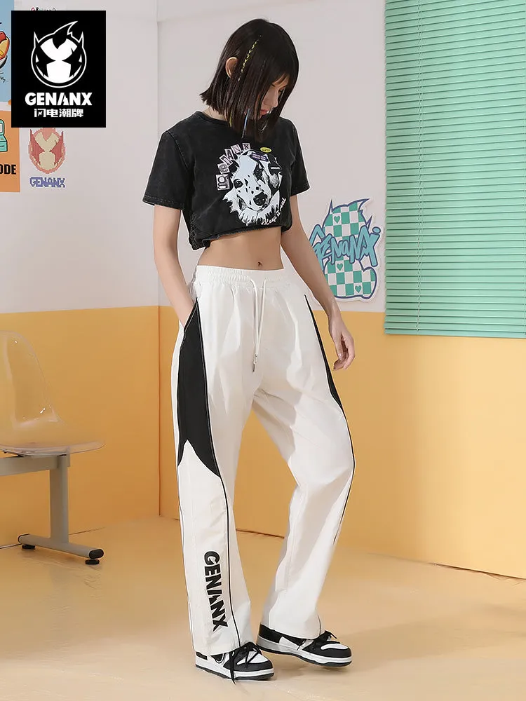 Preppy black and white letter-printed stretch waist slacks