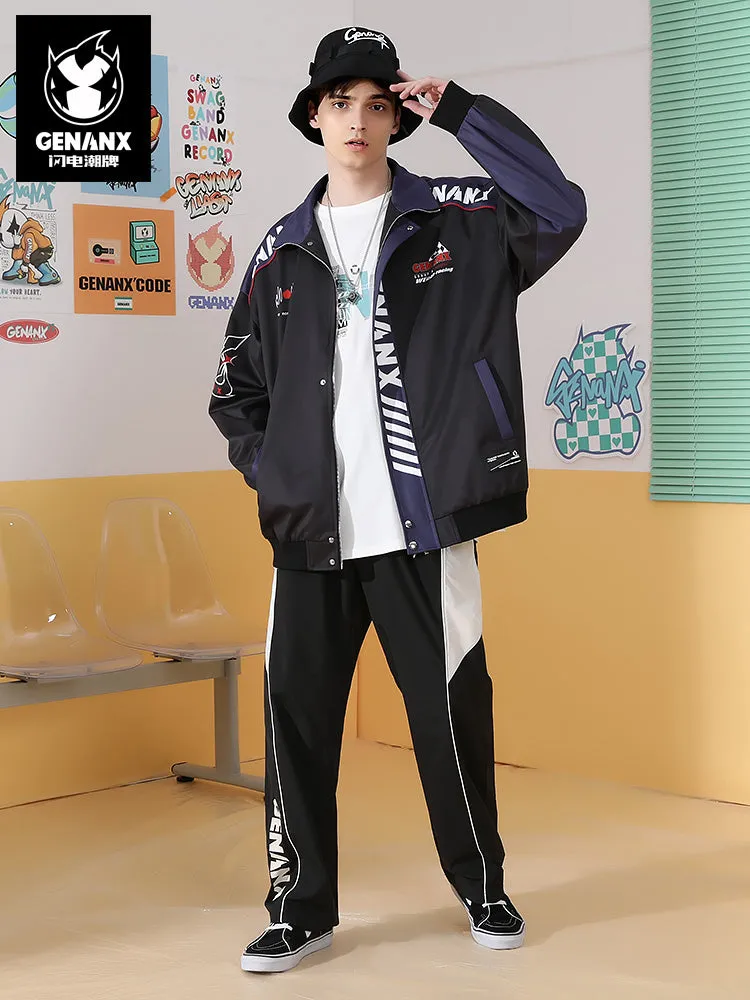 Preppy black and white letter-printed stretch waist slacks