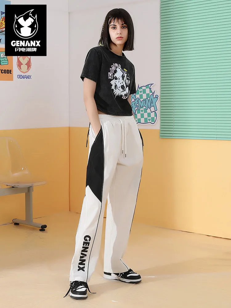 Preppy black and white letter-printed stretch waist slacks