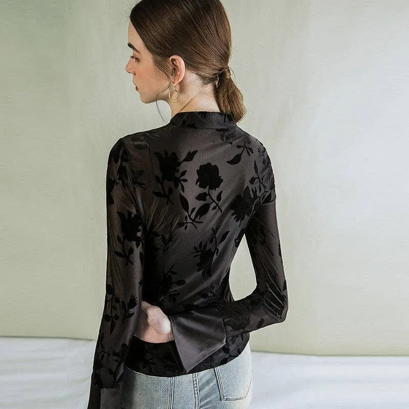 Printed Buttoned Stand Collar Long Sleeve Slim Fit Top