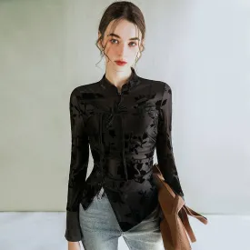 Printed Buttoned Stand Collar Long Sleeve Slim Fit Top