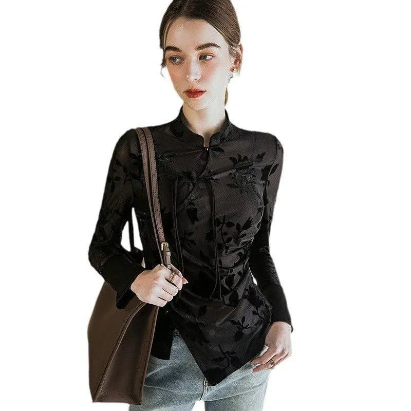 Printed Buttoned Stand Collar Long Sleeve Slim Fit Top