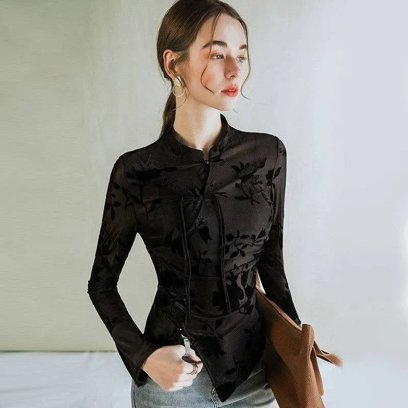 Printed Buttoned Stand Collar Long Sleeve Slim Fit Top