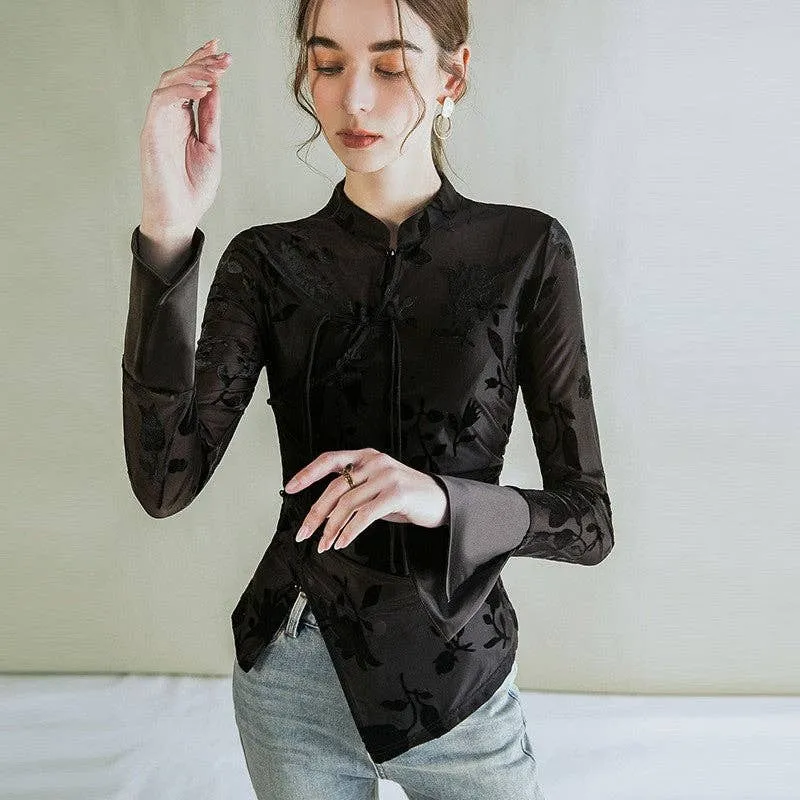 Printed Buttoned Stand Collar Long Sleeve Slim Fit Top