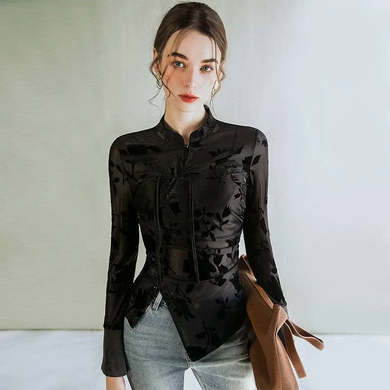 Printed Buttoned Stand Collar Long Sleeve Slim Fit Top