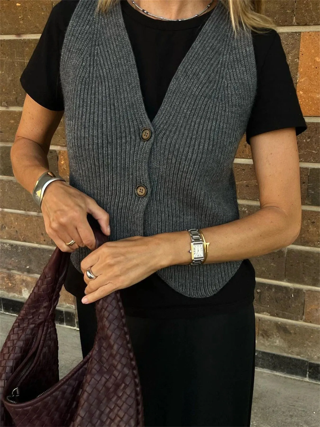 Ribbed Solid Sleeveless Knit Vest Sweater