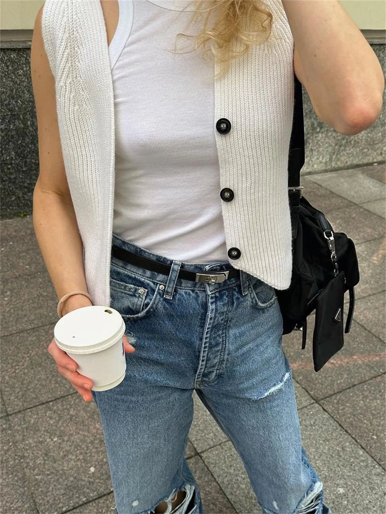 Ribbed Solid Sleeveless Knit Vest Sweater