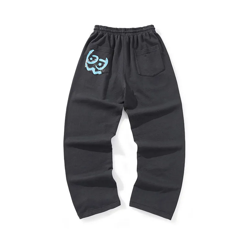 Simple style graffiti printed stretch rope label cotton sports casual pants