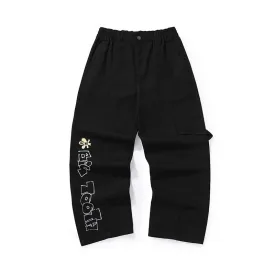 Small Daisy letter print medium high waist loose straight leg cotton casual pants