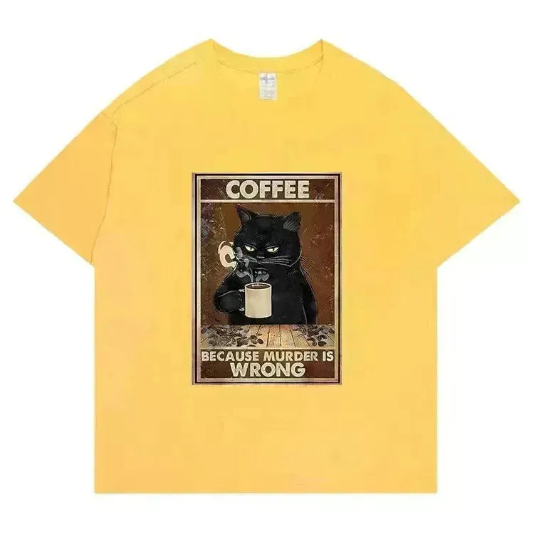 Trendy Short Sleeve  Cat Poster Printed  Unisex Casual T-shirt