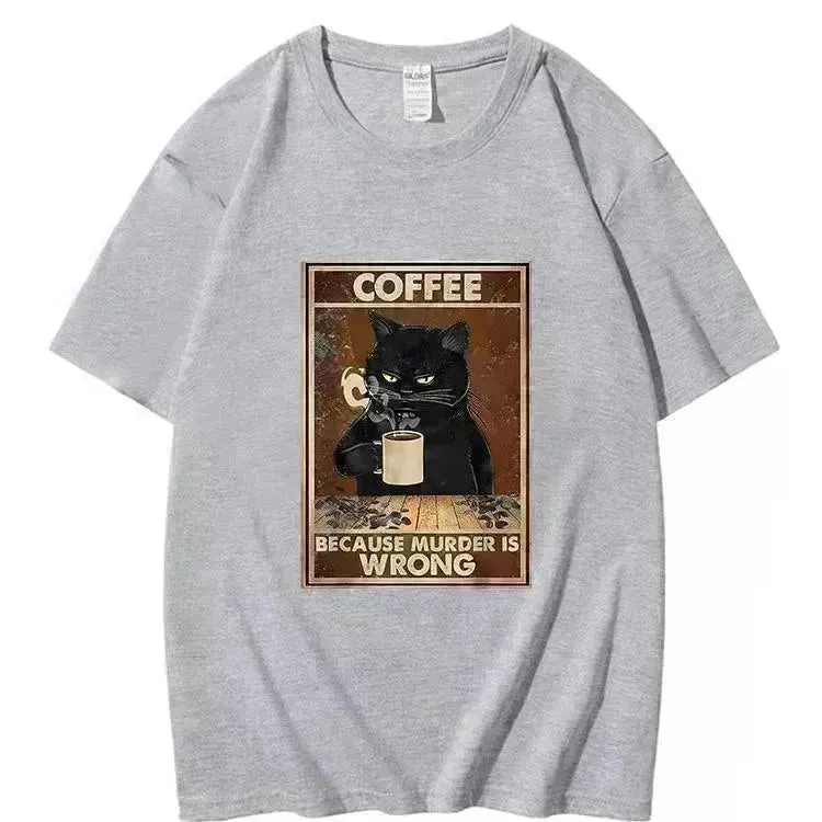 Trendy Short Sleeve  Cat Poster Printed  Unisex Casual T-shirt