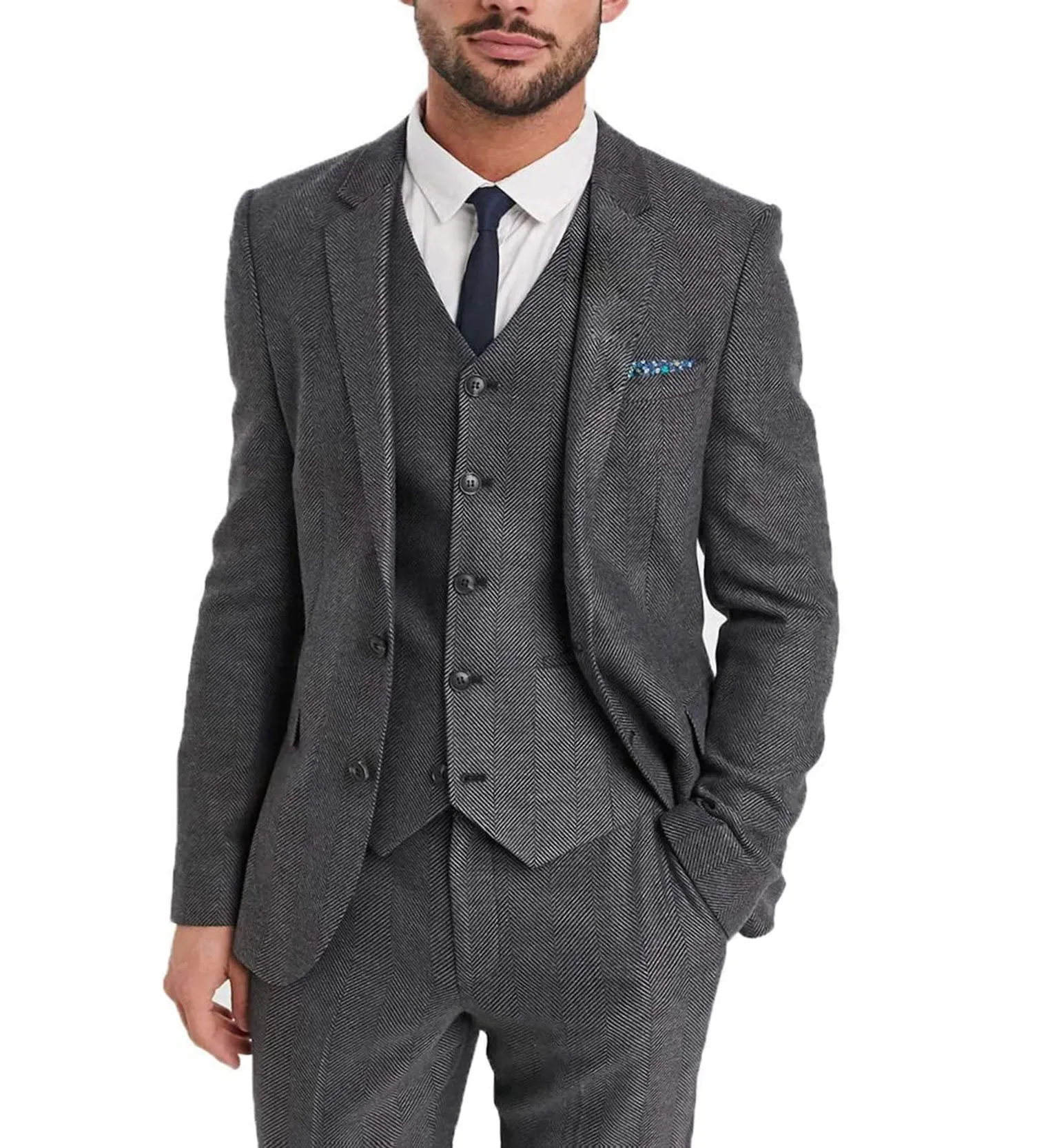 Vintage Classical 3 Pieces Mens Suit Herringbone Tweed Notch Lapel Tuxedos (Blazer vest Pants)